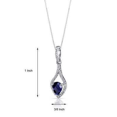 14K White Gold Created Blue Sapphire Tear Drop Pendant Checkerboard 1.00 Carats