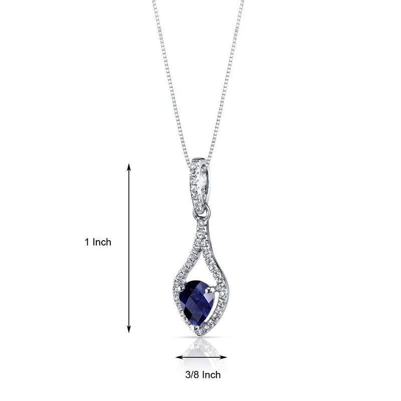 14K White Gold Created Blue Sapphire Tear Drop Pendant Checkerboard 1.00 Carats