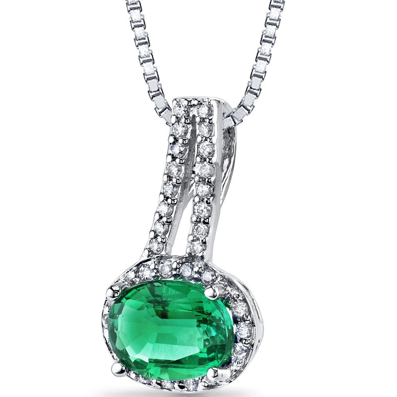 14K White Gold Created Emerald Diamond Pendant Oval Cut 1.25 Carats Total