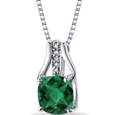 14K White Gold Created Emerald Diamond Pendant Cushion Checkerboard Cut 1.75 Carats Total