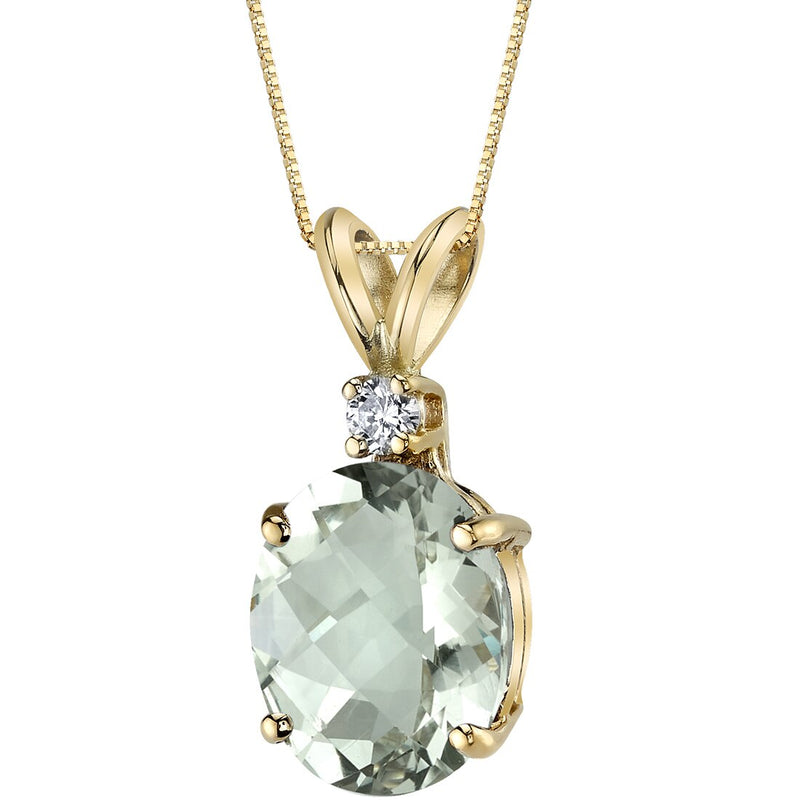 Green Amethyst and Diamond Pendant Necklace 14K Yellow Gold 2.25 Carats Oval