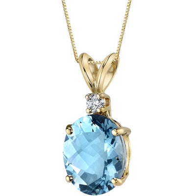 Swiss Blue Topaz and Diamond Pendant Necklace 14K Yellow Gold 3 Carats Oval