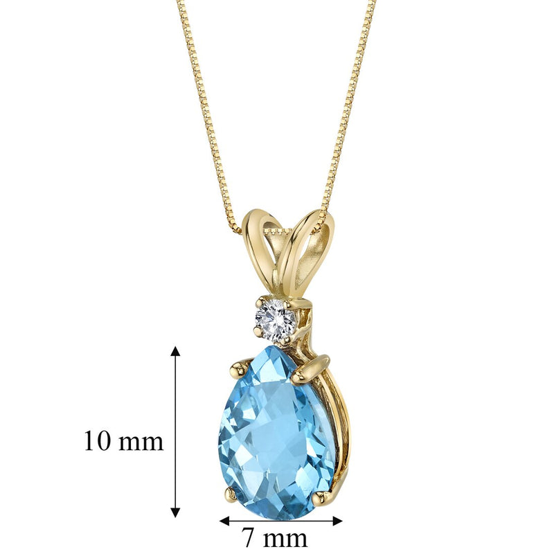 Pear Shape Swiss Blue Topaz and Diamond Pendant Necklace 14K Yellow Gold 2.26 Carats