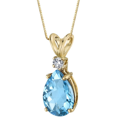 Pear Shape Swiss Blue Topaz and Diamond Pendant Necklace 14K Yellow Gold 2.26 Carats
