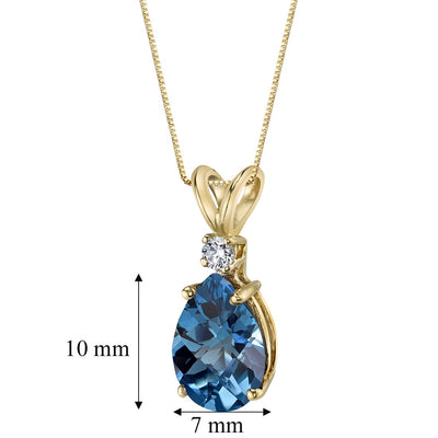 Pear Shape London Blue Topaz and Diamond Pendant Necklace 14K Yellow Gold 2 Carats