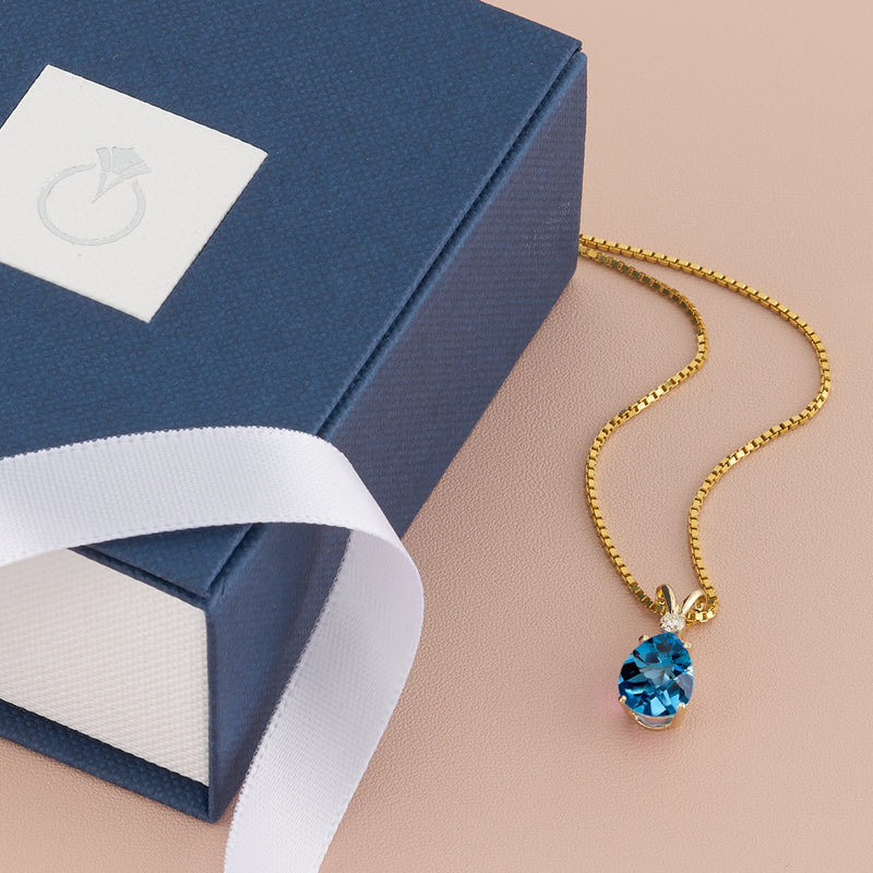 London Blue Topaz and Diamond Pendant Necklace 14K Yellow Gold 1.99 Carats Pear Shape