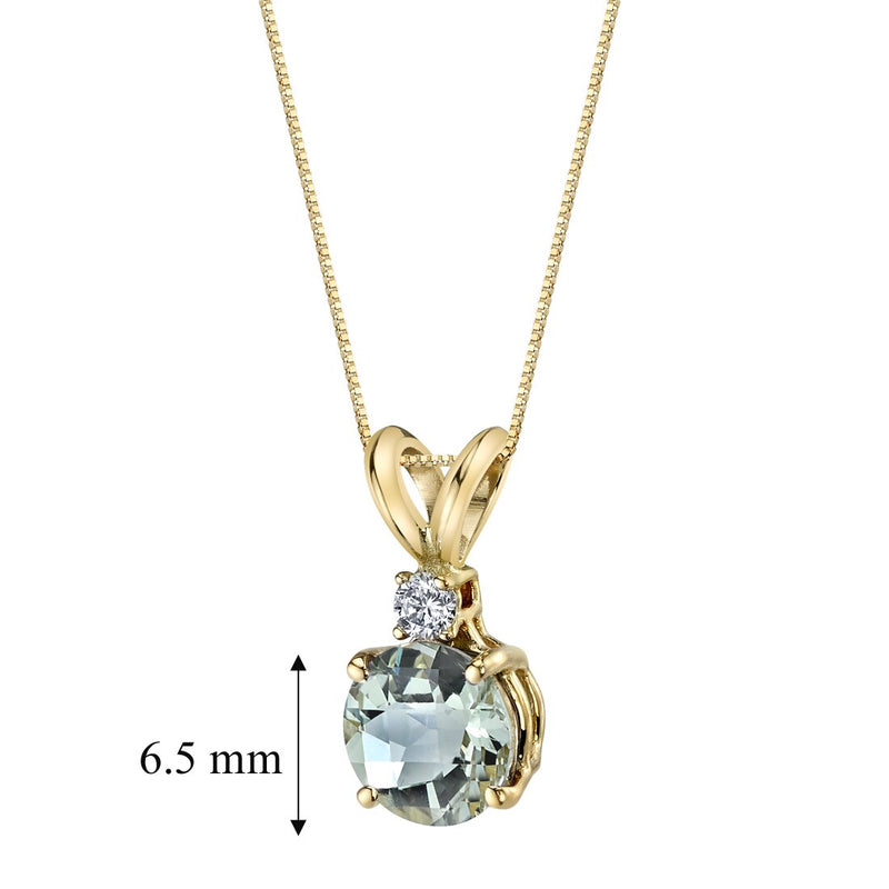 Green Amethyst and Diamond Pendant Necklace 14K Yellow Gold 1 Carat Round