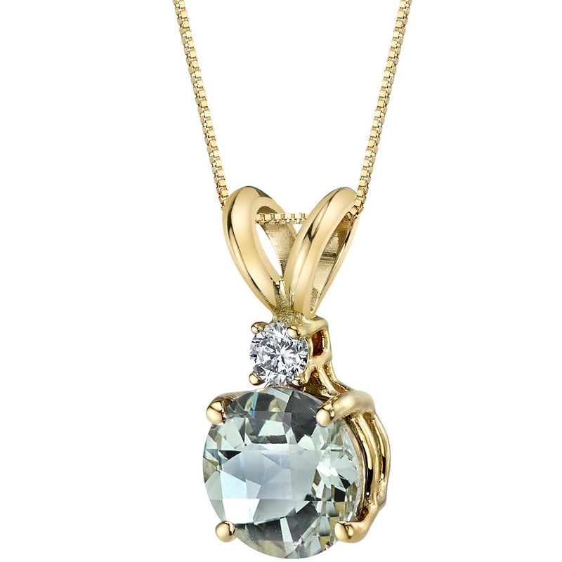Green Amethyst and Diamond Pendant Necklace 14K Yellow Gold 1 Carat Round