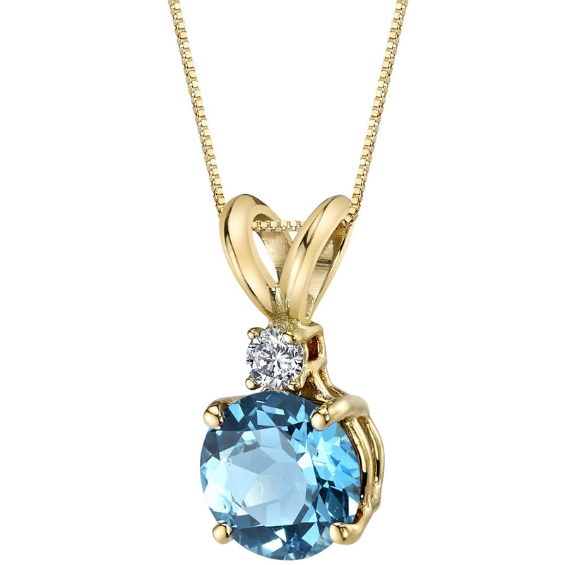 Swiss Blue Topaz and Diamond Pendant Necklace 14K Yellow Gold 1.25 Carat Round