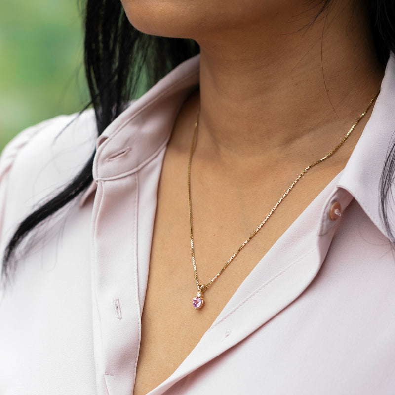 Herat Shape Pink Sapphire and Diamond Pendant Necklace 14K Yellow Gold 1 Carat