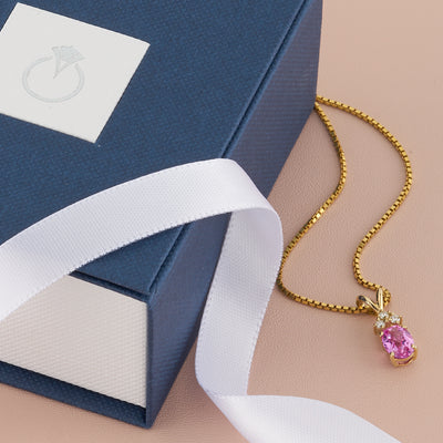Pink Sapphire and Diamond Pendant Necklace 14K Yellow Gold 1 Carat Oval
