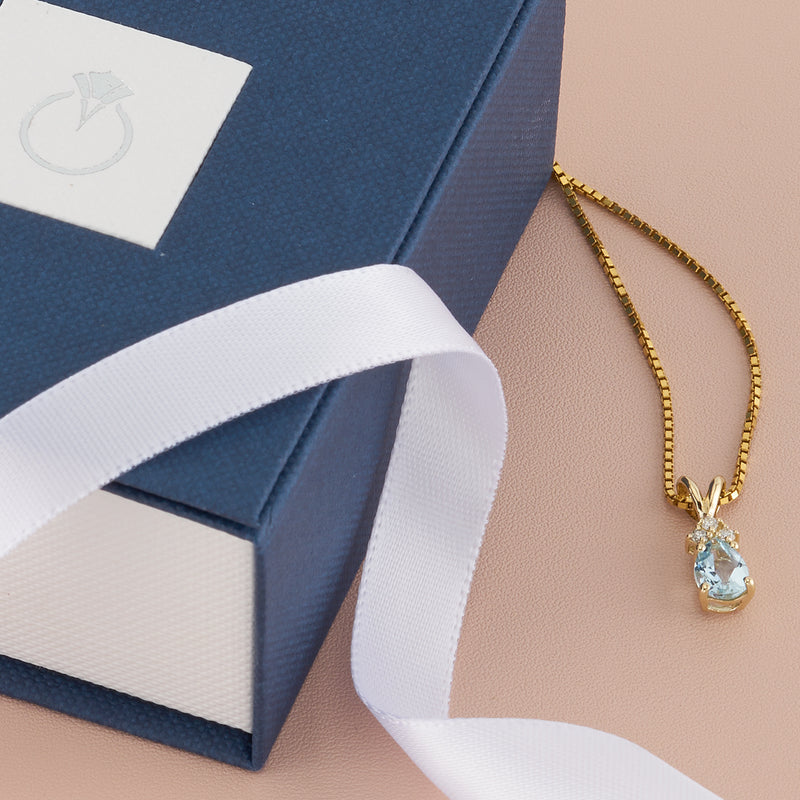 Pear Shape Aquamarine and Diamond Pendant Necklace 14K Yellow Gold