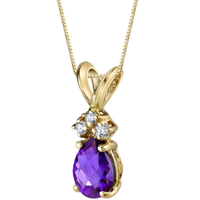 Pear Shape Amethyst and Diamond Pendant Necklace 14K Yellow Gold