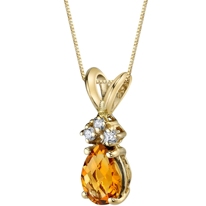 Pear Shape Citrine and Diamond Pendant Necklace 14K Yellow Gold