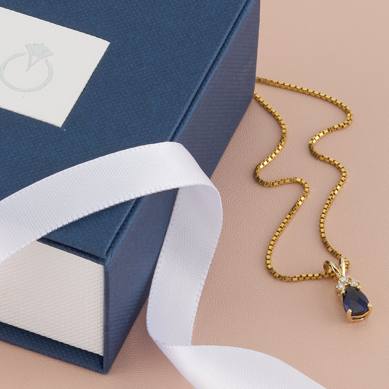 Pear Shape Blue Sapphire and Diamond Pendant Necklace 14K Yellow Gold 1 Carat