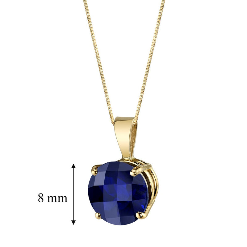 14K Yellow Gold Round Cut 2.50 Carats Created Blue Sapphire Pendant Necklace