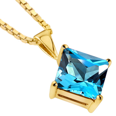 Swiss Blue Topaz Pendant Necklace 14K Yellow Gold Princess Cut 3 Carats