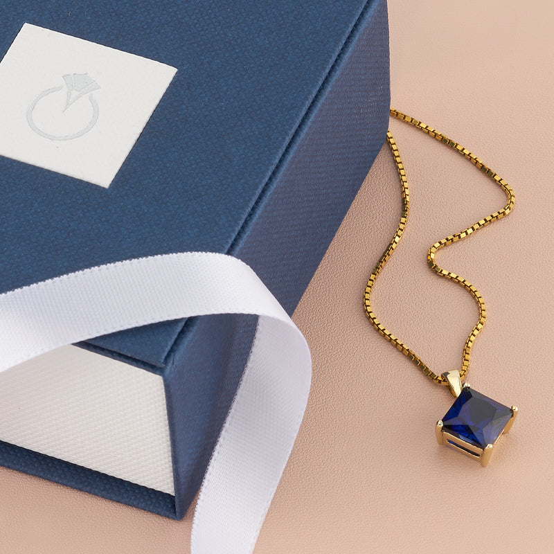 Blue Sapphire Pendant Necklace 14K Yellow Gold Princess Cut 3.50 Carats