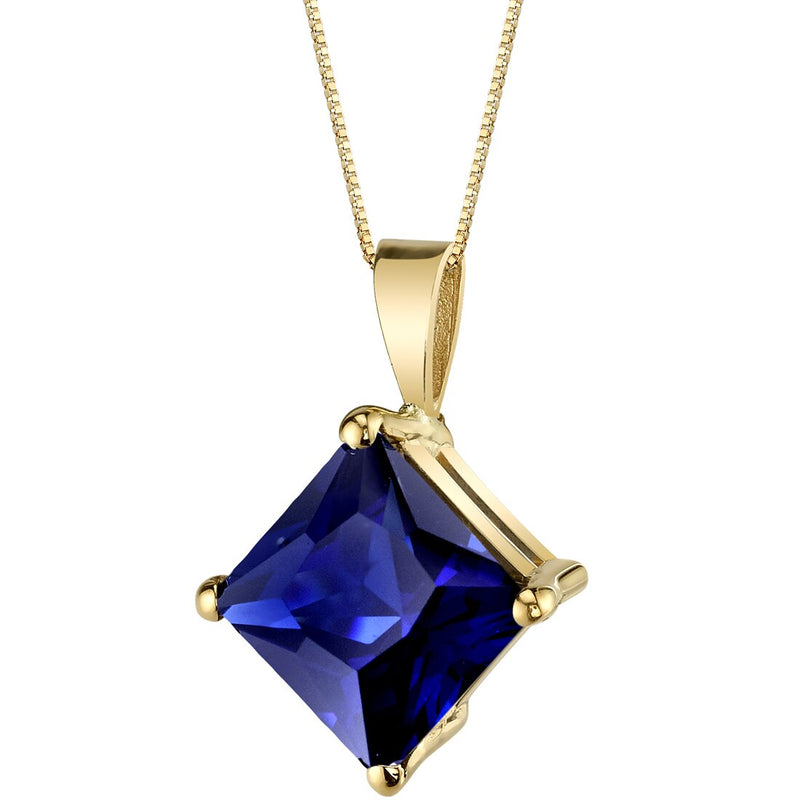 Blue Sapphire Pendant Necklace 14K Yellow Gold Princess Cut 3.50 Carats