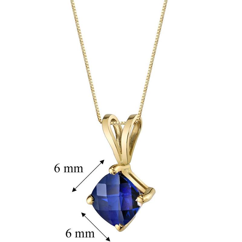 14K Yellow Gold Cushion Cut 1 Carat Created Blue Sapphire Pendant Necklace