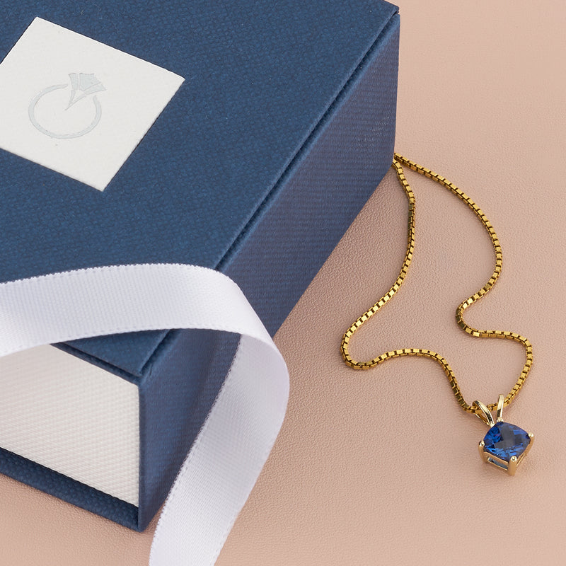 14K Yellow Gold Cushion Cut 1 Carat Created Blue Sapphire Pendant Necklace