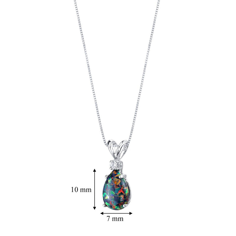 Black Opal and Diamond Pendant Necklace 14K White Gold 1 Carat Pear Shape