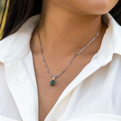 Black Opal and Diamond Pendant Necklace 14K White Gold 1 Carat Pear Shape