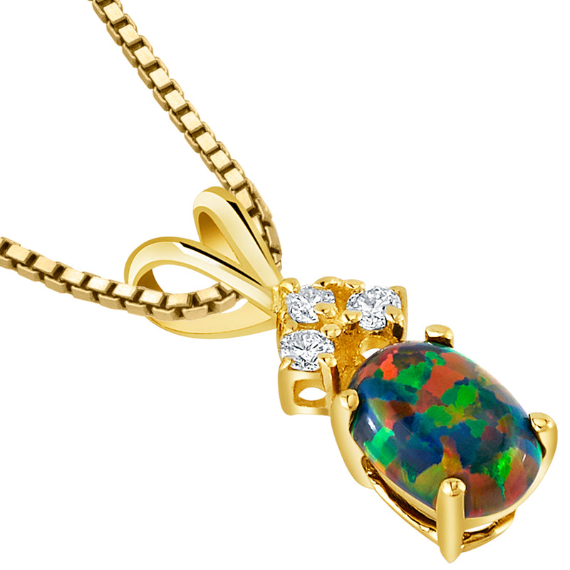 Black Opal and Diamond Pendant Necklace 14K Yellow Gold 0.50 Carat Oval