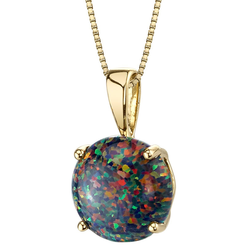 14K Yellow Gold Created Black Opal Solitaire Pendant Necklace Round Shape