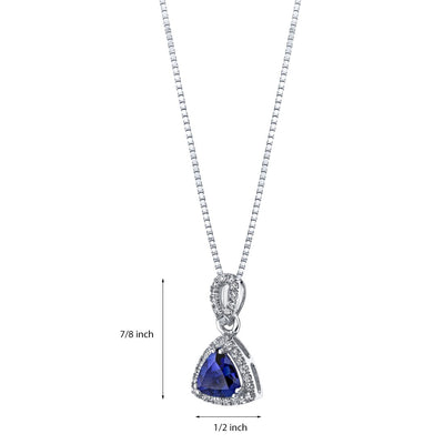 Created Blue Sapphire Halo Pendant Necklace in 14k White Gold 2.50 Carats Trillion-Cut