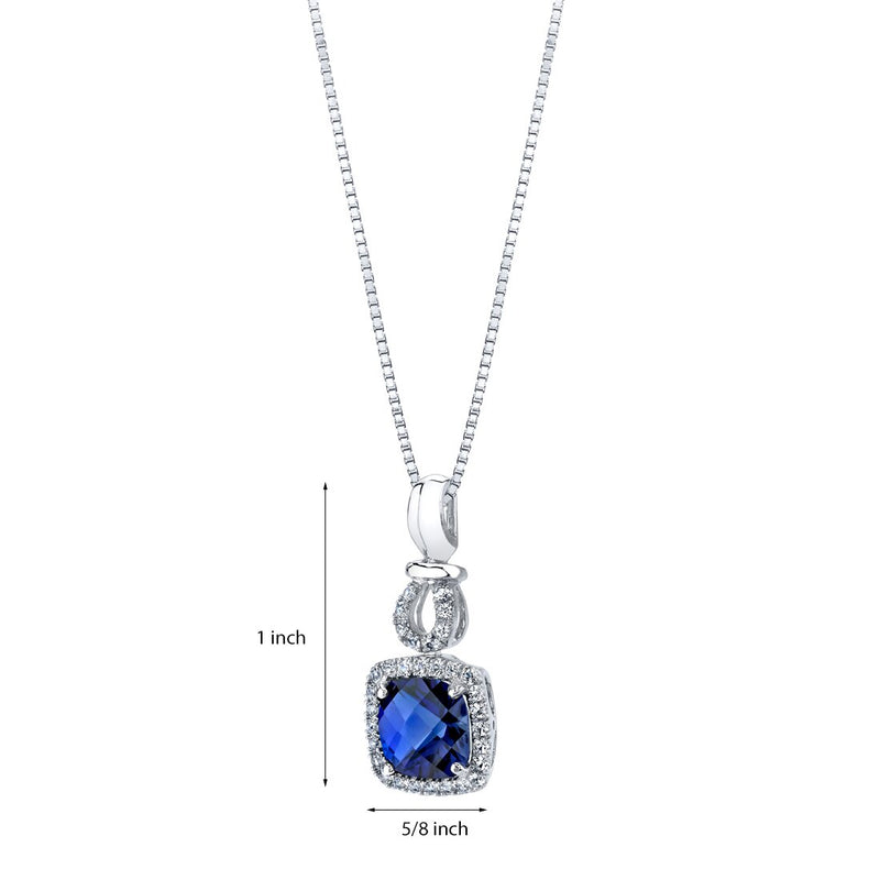 Created Blue Sapphire Halo Drop Pendant Necklace 14K White Gold 3 Carats Cushion Cut
