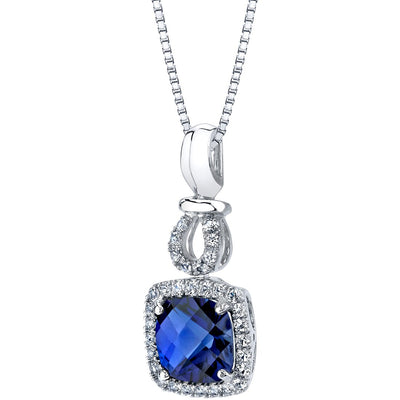 Created Blue Sapphire Halo Drop Pendant Necklace 14K White Gold 3 Carats Cushion Cut