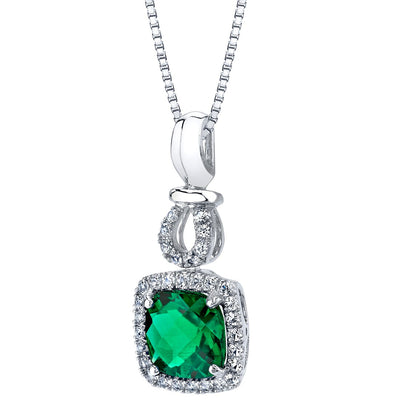 Created Emerald Halo Drop Pendant Necklace in 14K White Gold 1.75 Carats Cushion Cut