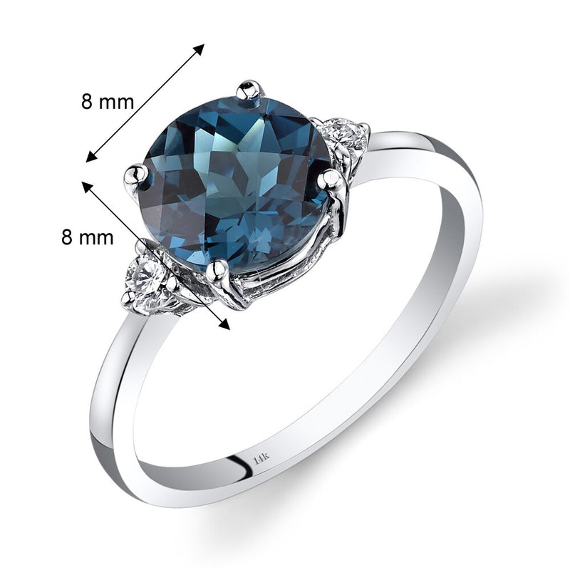 14K White Gold London Blue Topaz Diamond Ring 2.25 Carat Round Cut