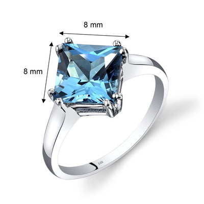 14K White Gold Swiss Blue Topaz Solitaire Ring 2.75 Carat Princess Cut