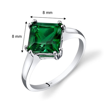 14K White Gold Created Emerald Solitaire Ring 2.00 Carat Princess Cut
