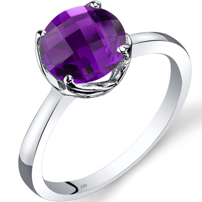 14K White Gold Amethyst Solitaire Ring 1.75 Carat Checkerboard Cut
