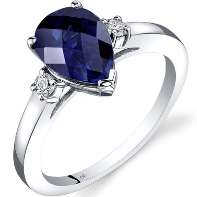 14K White Gold Created Blue Sapphire Diamond Tear Drop Ring 2.50 Carat