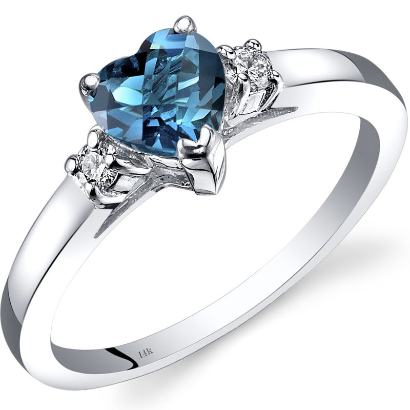 14K White Gold London Blue Topaz Diamond Heart Ring 1.00 Carat