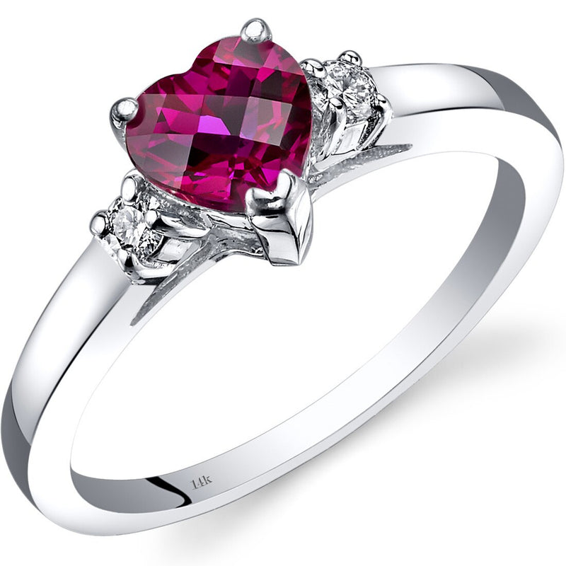 14K White Gold Created Ruby Diamond Heart Ring 1.00 Carat