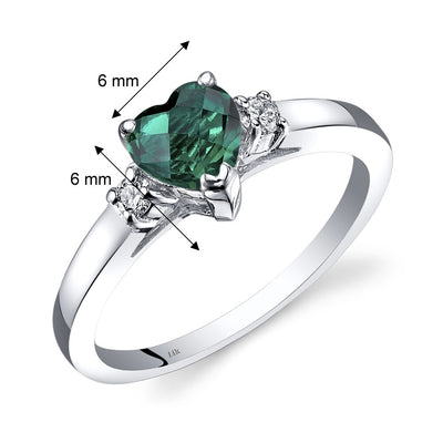 14K White Gold Created Emerald Diamond Heart Ring 0.75 Carat