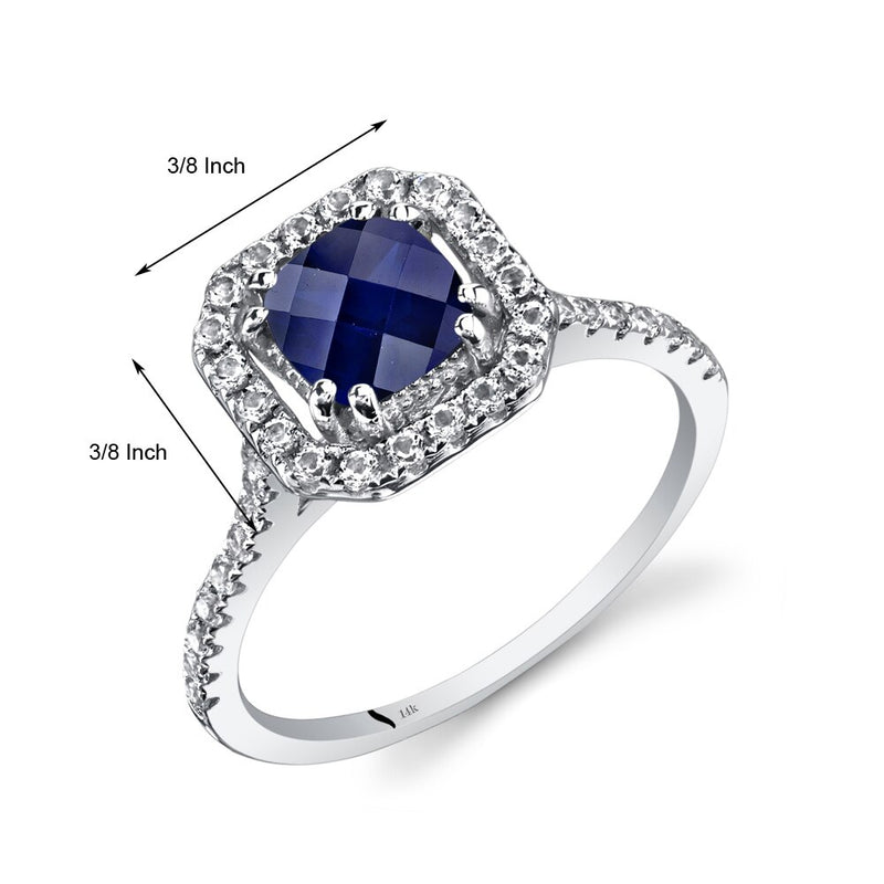 14K White Gold Created Blue Sapphire Cushion Cut Halo Ring 1.00 Carats