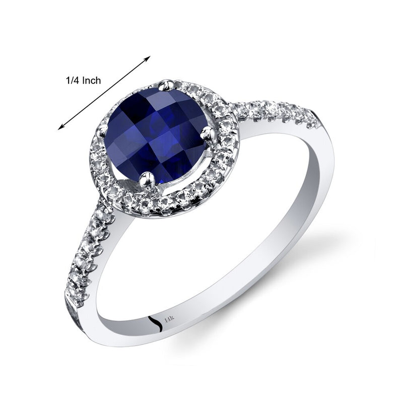 14K White Gold Created Blue Sapphire Halo Ring Round Checkerboard Cut 1.50 Carats
