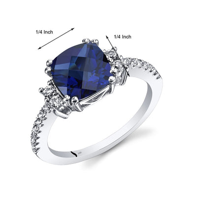 14K White Gold Created Blue Sapphire Ring Cushion Checkerboard Cut 3.00 Carats