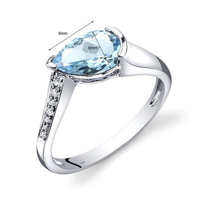 14K White Gold Aquamarine Diamond Tear Drop Ring 1.29 Carats Total