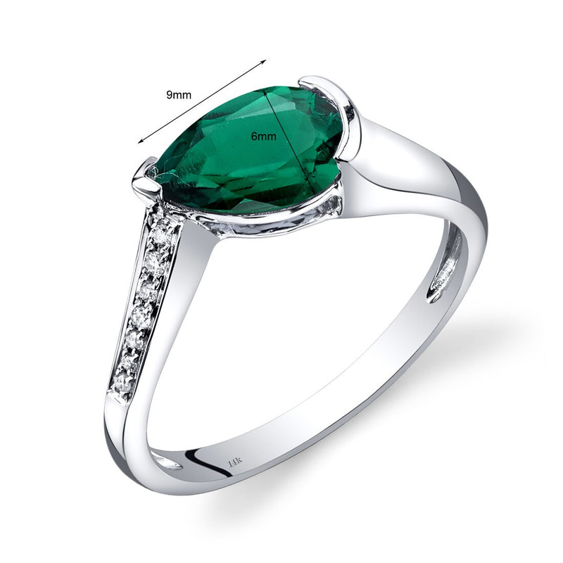 14K White Gold Created Emerald Diamond Tear Drop Ring 1.04 Carats Total R62556