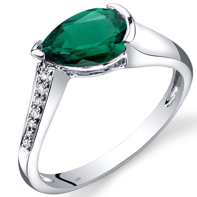 14K White Gold Created Emerald Diamond Tear Drop Ring 1.04 Carats Total R62556