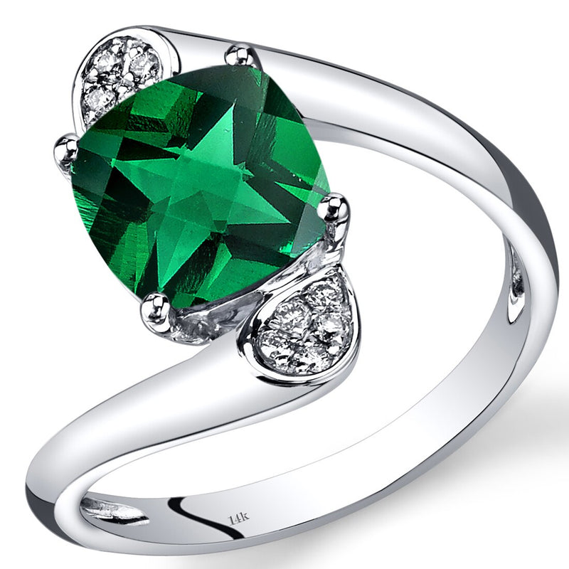 14K White Gold Created Emerald Diamond Bypass Ring Cushion Cut 2.08 Carats Total R62598