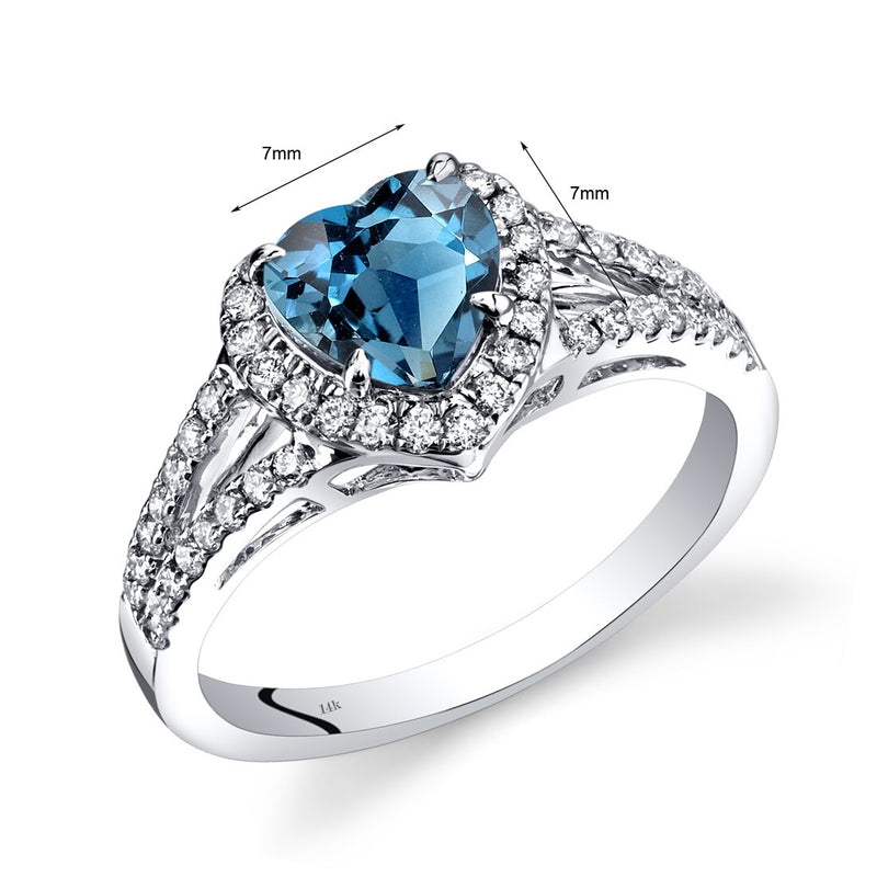 14K White Gold London Blue Topaz Diamond Halo Ring Heart Shape 1.90 Carats Total