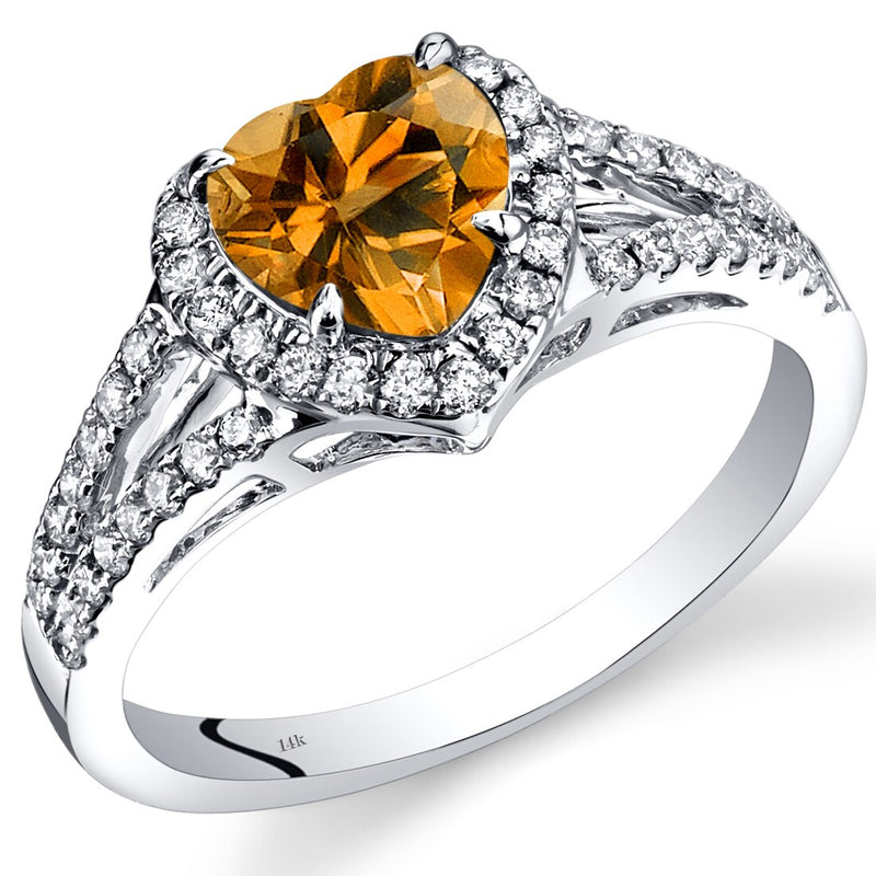 14K White Gold Citrine Diamond Halo Ring Heart Shape 1.40 Carats Total